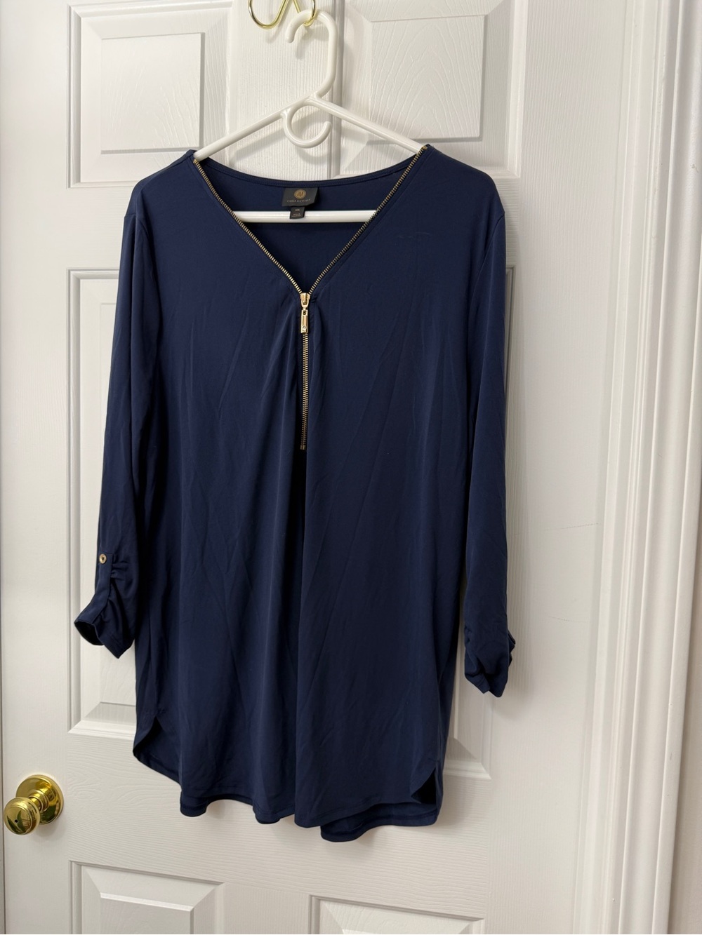 JM Collection Navy V-Neck Long Sleeve Top with Gold Zip